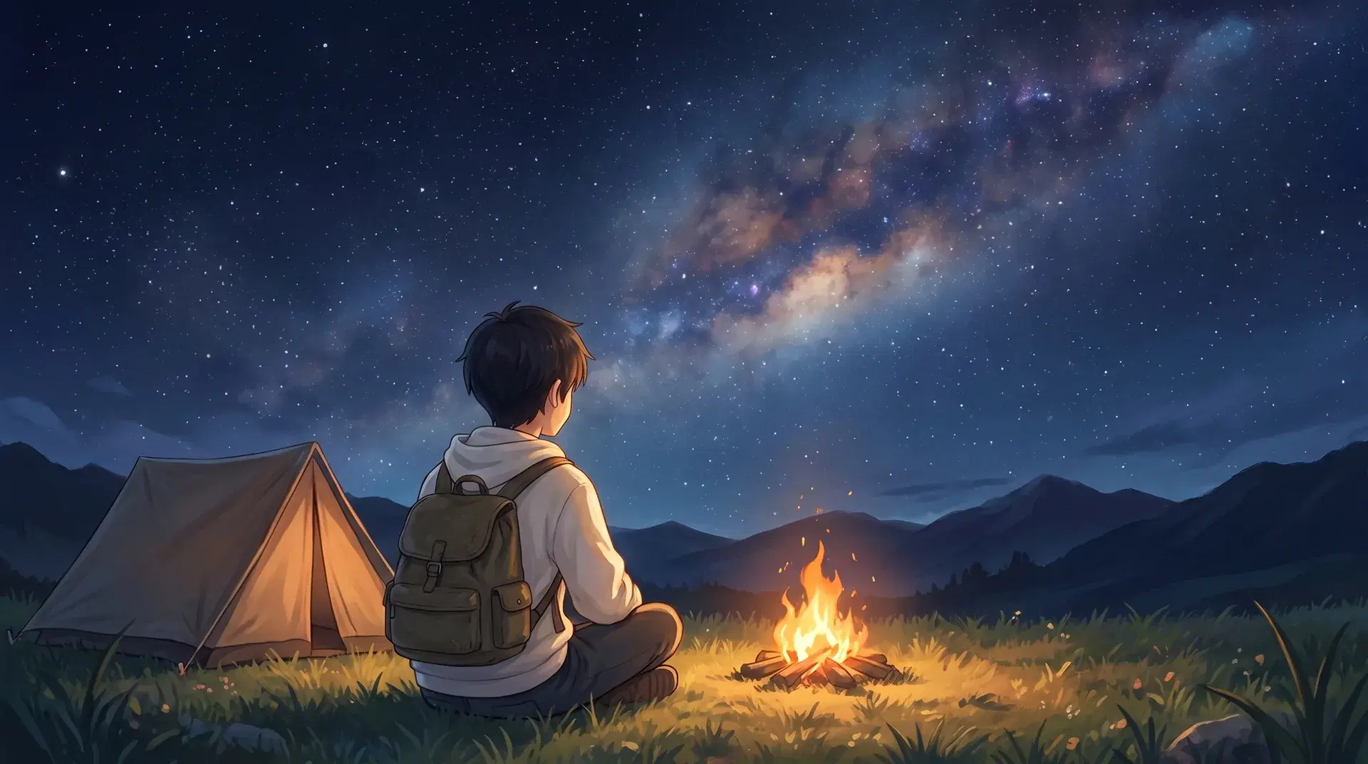 旅人在星空下的營火旁安靜禱告——夜裡的心靈對話